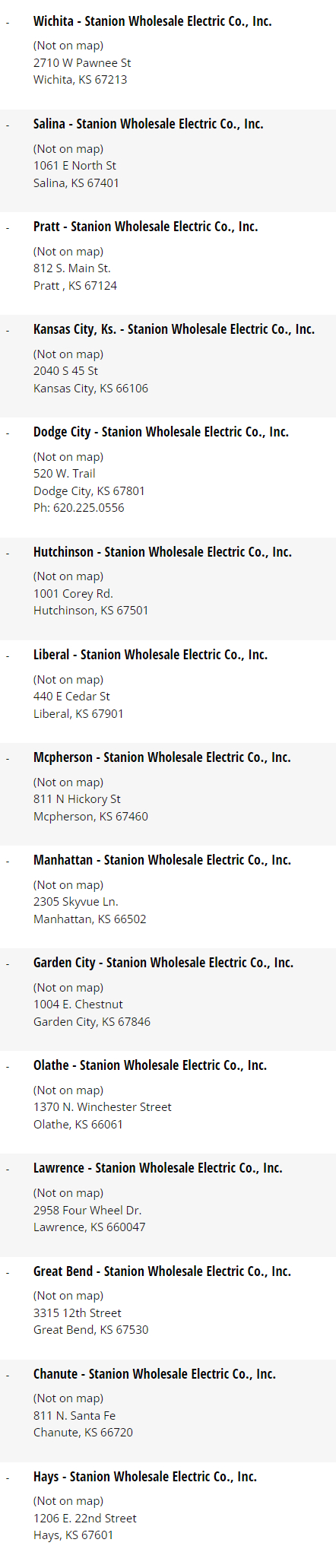 Stanion Wholesale Electric Co. Inc. locations